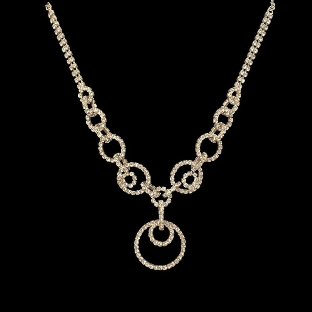 Rhinestone Necklace Faceted Clear Prong Set Silvertone Circles Bling Statement